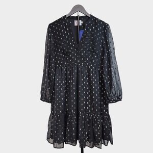 Rhysley NWT Womens XXL Midi Dress Black w/ Gold Shimmer Detail Sheer Sleeves